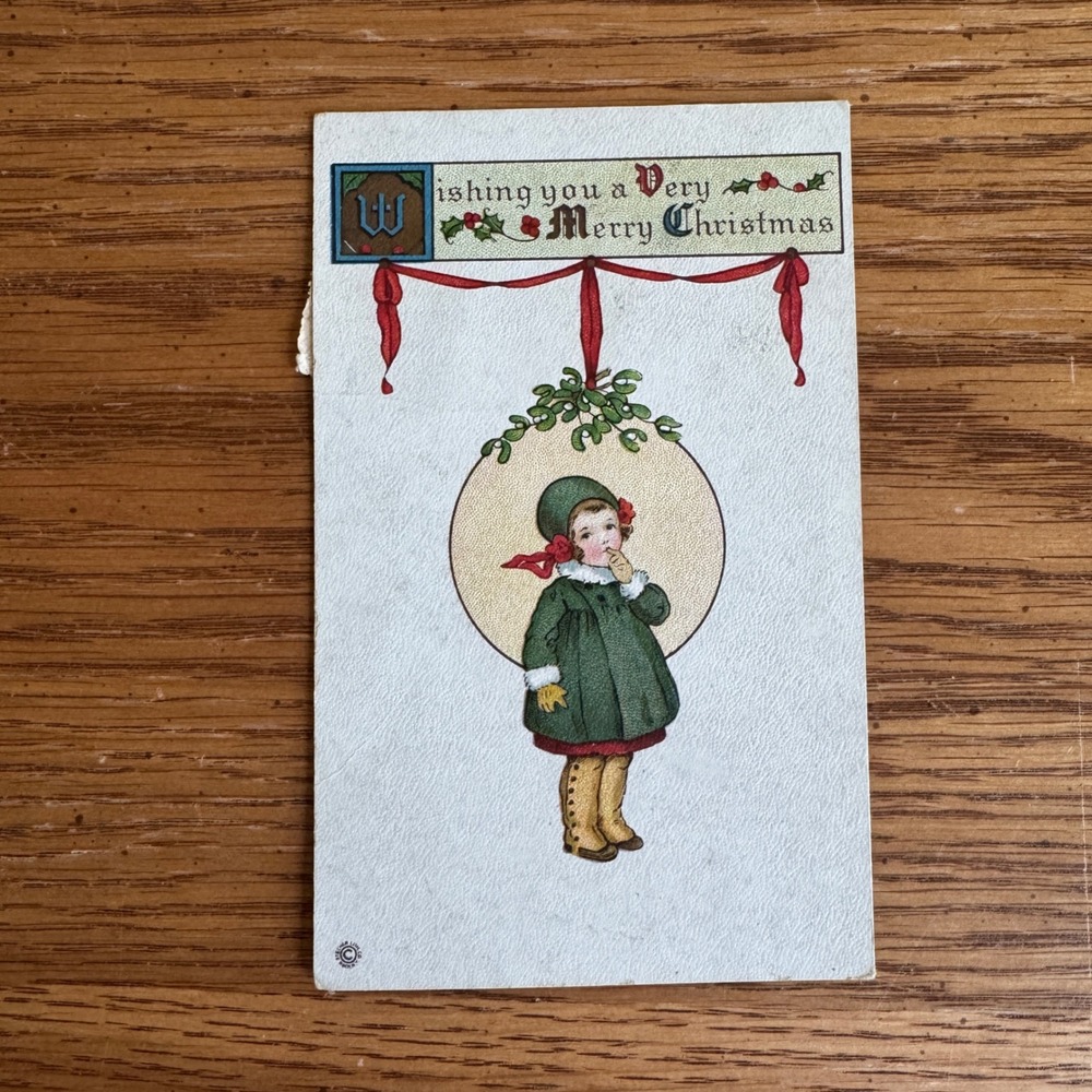 Vintage 1922 Stecher‎ Litho Co Christmas Postcard Child Mistletoe Series 874 A